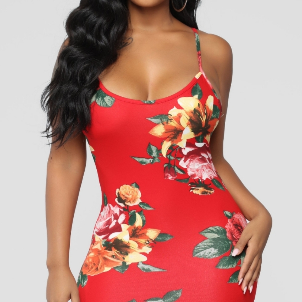 Fashion Nova Red Floral Bodycon Midi Dress - Picture 3 of 4
